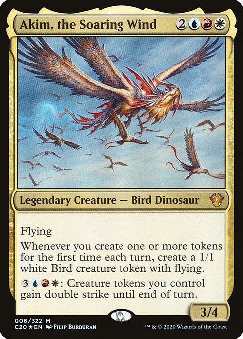 Flying
Whenever you create one or more tokens for the first time each turn, create a 1/1 white Bird creature token with flying.
{3}{U}{R}{W}: Creature tokens you control gain double strike until end of turn.