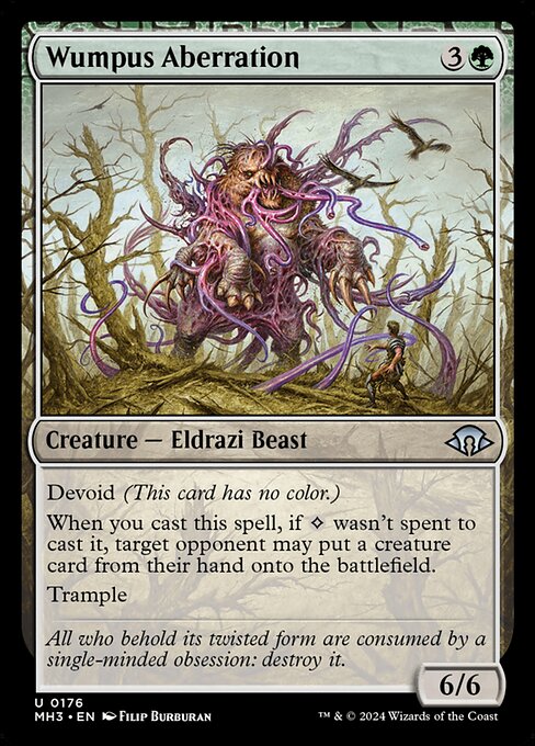 Devoid (This card has no color.)
When you cast this spell, if {C} wasn't spent to cast it, target opponent may put a creature card from their hand onto the battlefield.
Trample