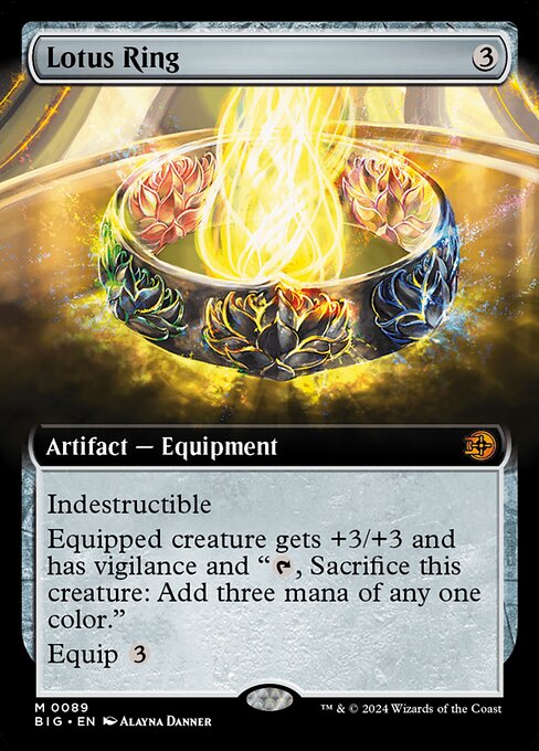 Indestructible
Equipped creature gets +3/+3 and has vigilance and "{T}, Sacrifice this creature: Add three mana of any one color."
Equip {3}