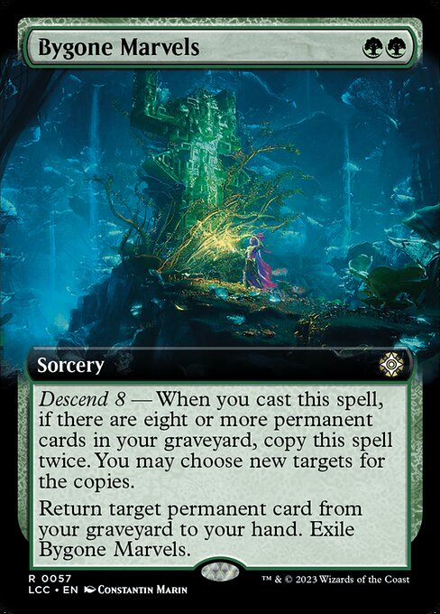 Descend 8 — When you cast this spell, if there are eight or more permanent cards in your graveyard, copy this spell twice. You may choose new targets for the copies.
Return target permanent card from your graveyard to your hand. Exile Bygone Marvels.