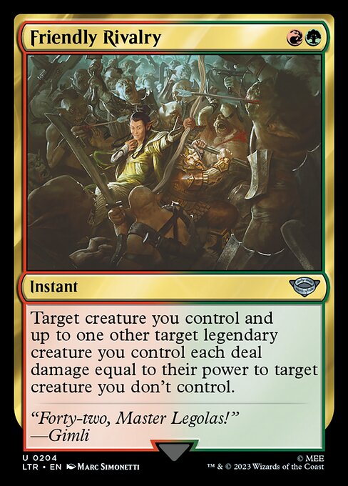 Target creature you control and up to one other target legendary creature you control each deal damage equal to their power to target creature you don't control.