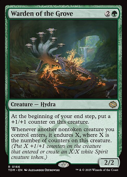 At the beginning of your end step, put a +1/+1 counter on this creature.
Whenever another nontoken creature you control enters, it endures X, where X is the number of counters on this creature. (Put X+1/+1 counters on the creature that entered or create an X/X white Spirit creature token.)