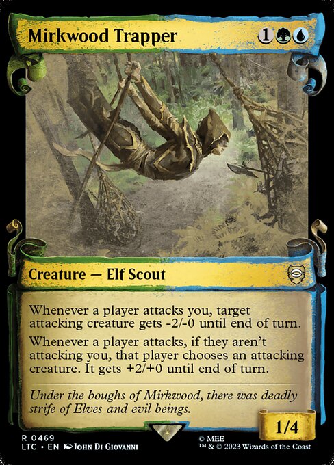 Whenever a player attacks you, target attacking creature gets -2/-0 until end of turn.
Whenever a player attacks, if they aren't attacking you, that player chooses an attacking creature. It gets +2/+0 until end of turn.