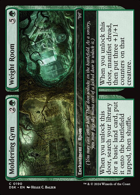 When you unlock this door, search your library for a basic land card, put it onto the battlefield tapped, then shuffle.
(You may cast either half. That door unlocks on the battlefield. As a sorcery, you may pay the mana cost of a locked door to unlock it.) When you unlock this door, manifest dread, then put three +1/+1 counters on that creature.
(You may cast either half. That door unlocks on the battlefield. As a sorcery, you may pay the mana cost of a locked door to unlock it.)