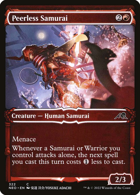Menace (This creature can't be blocked except by two or more creatures.)
Whenever a Samurai or Warrior you control attacks alone, the next spell you cast this turn costs {1} less to cast.