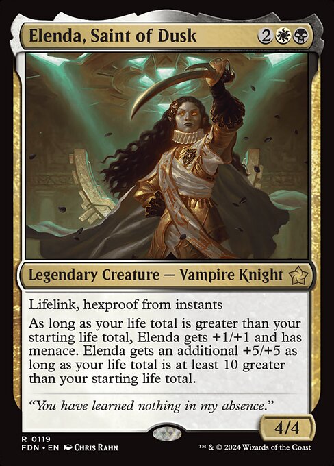 Lifelink, hexproof from instants
As long as your life total is greater than your starting life total, Elenda gets +1/+1 and has menace. Elenda gets an additional +5/+5 as long as your life total is at least 10 greater than your starting life total.