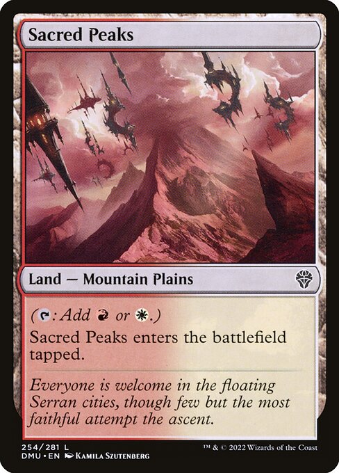 ({T}: Add {R} or {W}.)
Sacred Peaks enters the battlefield tapped.