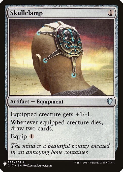 Equipped creature gets +1/-1.
Whenever equipped creature dies, draw two cards.
Equip {1}