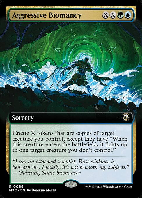 Create X tokens that are copies of target creature you control, except they have "When this creature enters, it fights up to one target creature you don't control."