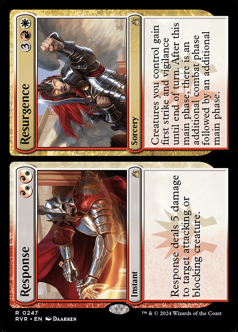 Response deals 5 damage to target attacking or blocking creature. Creatures you control gain first strike and vigilance until end of turn. After this main phase, there is an additional combat phase followed by an additional main phase.