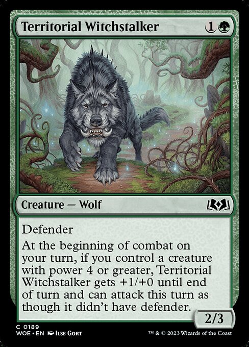 Defender
At the beginning of combat on your turn, if you control a creature with power 4 or greater, Territorial Witchstalker gets +1/+0 until end of turn and can attack this turn as though it didn't have defender.