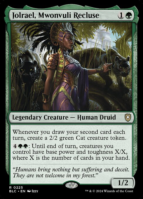 Whenever you draw your second card each turn, create a 2/2 green Cat creature token.
{4}{G}{G}: Until end of turn, creatures you control have base power and toughness X/X, where X is the number of cards in your hand.