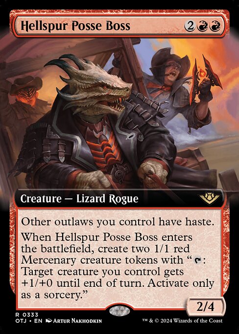 Other outlaws you control have haste. (Assassins, Mercenaries, Pirates, Rogues, and Warlocks are outlaws.)
When Hellspur Posse Boss enters the battlefield, create two 1/1 red Mercenary creature tokens with "{T}: Target creature you control gets +1/+0 until end of turn. Activate only as a sorcery."