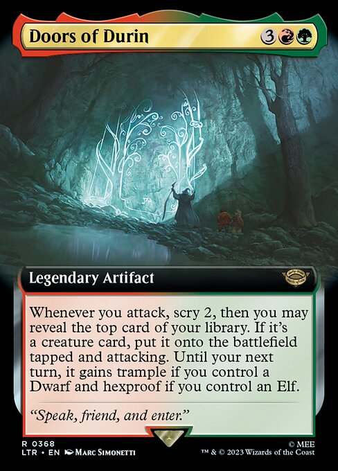 Whenever you attack, scry 2, then you may reveal the top card of your library. If it's a creature card, put it onto the battlefield tapped and attacking. Until your next turn, it gains trample if you control a Dwarf and hexproof if you control an Elf.