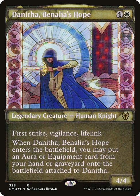 First strike, vigilance, lifelink
When Danitha, Benalia's Hope enters the battlefield, you may put an Aura or Equipment card from your hand or graveyard onto the battlefield attached to Danitha.