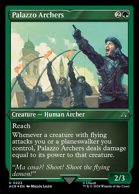 Reach
Whenever a creature with flying attacks you or a planeswalker you control, Palazzo Archers deals damage equal to its power to that creature.
