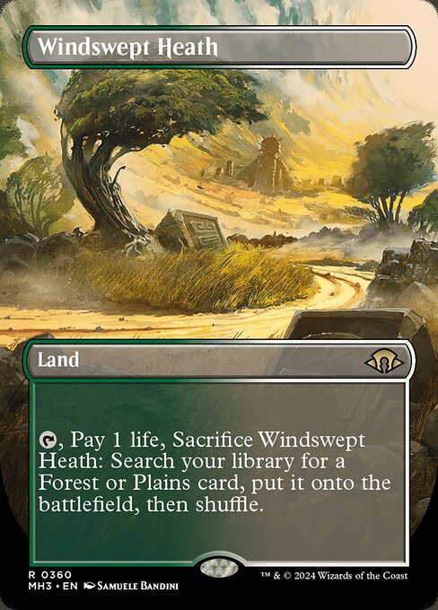{T}, Pay 1 life, Sacrifice Windswept Heath: Search your library for a Forest or Plains card, put it onto the battlefield, then shuffle.