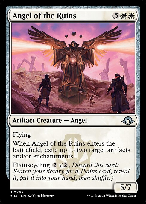 Flying
When Angel of the Ruins enters the battlefield, exile up to two target artifacts and/or enchantments.
Plainscycling {2} ({2}, Discard this card: Search your library for a Plains card, reveal it, put it into your hand, then shuffle.)
