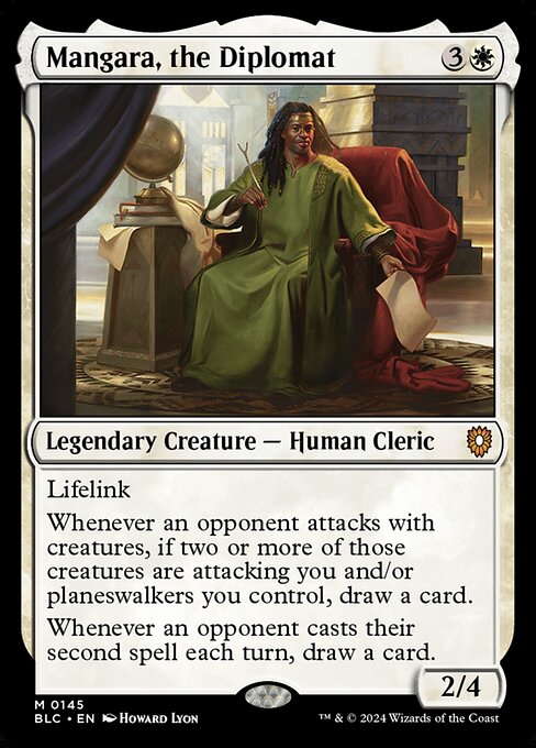 Lifelink
Whenever an opponent attacks with creatures, if two or more of those creatures are attacking you and/or planeswalkers you control, draw a card.
Whenever an opponent casts their second spell each turn, draw a card.