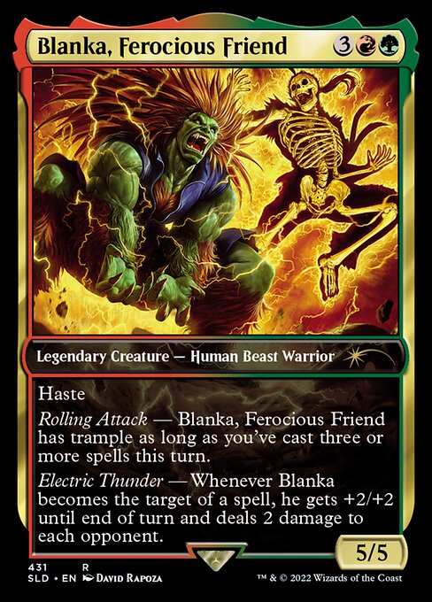 Haste
The Howling Abomination has trample as long as you've cast three or more spells this turn.
Whenever The Howling Abomination becomes the target of a spell, it gets +2/+2 until end of turn and deals 2 damage to each opponent.