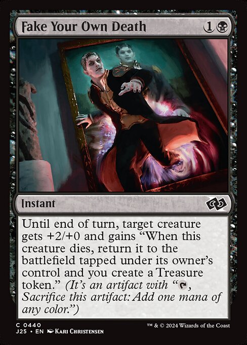Until end of turn, target creature gets +2/+0 and gains "When this creature dies, return it to the battlefield tapped under its owner's control and you create a Treasure token." (It's an artifact with "{T}, Sacrifice this token: Add one mana of any color.")