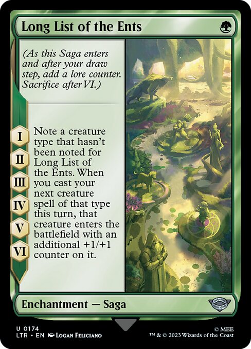 (As this Saga enters and after your draw step, add a lore counter. Sacrifice after VI.)
I, II, III, IV, V, VI — Note a creature type that hasn't been noted for Long List of the Ents. When you cast your next creature spell of that type this turn, that creature enters the battlefield with an additional +1/+1 counter on it.