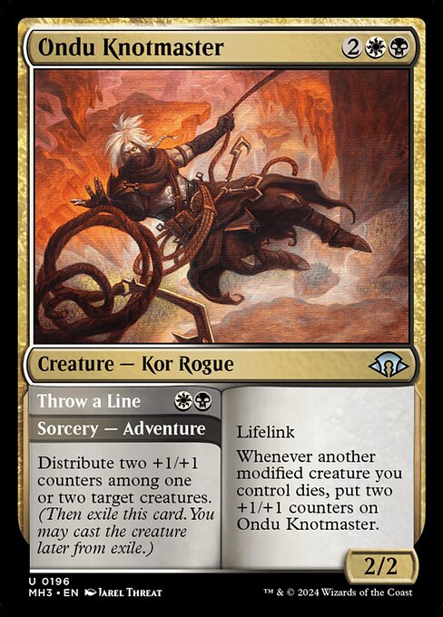 Lifelink
Whenever another modified creature you control dies, put two +1/+1 counters on Ondu Knotmaster. Distribute two +1/+1 counters among one or two target creatures. (Then exile this card. You may cast the creature later from exile.)