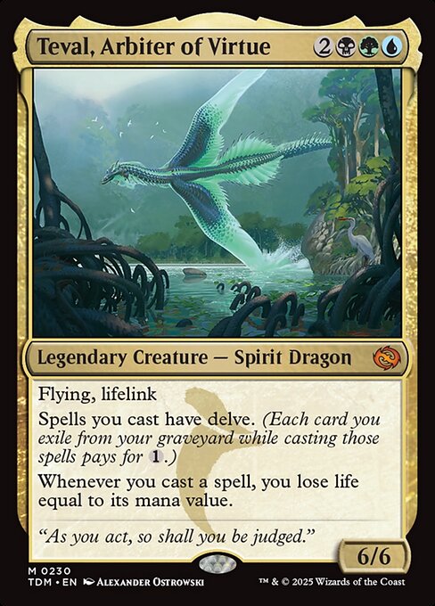 Flying, lifelink
Spells you cast have delve. (Each card you exile from your graveyard while casting those spells pays for {1}.)
Whenever you cast a spell, you lose life equal to its mana value.