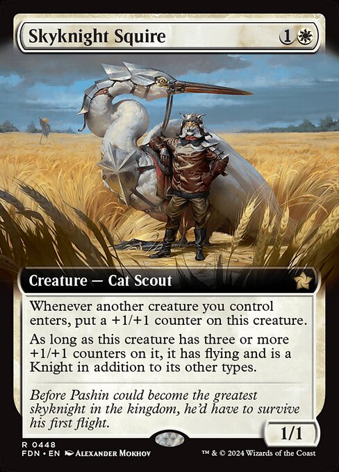 Whenever another creature you control enters, put a +1/+1 counter on this creature.
As long as this creature has three or more +1/+1 counters on it, it has flying and is a Knight in addition to its other types.