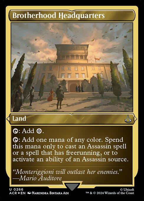 {T}: Add {C}.
{T}: Add one mana of any color. Spend this mana only to cast an Assassin spell or a spell that has freerunning, or to activate an ability of an Assassin source.