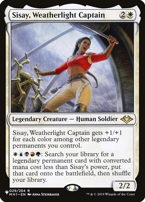 Sisay, Weatherlight Captain gets +1/+1 for each color among other legendary permanents you control.
{W}{U}{B}{R}{G}: Search your library for a legendary permanent card with mana value less than Sisay's power, put that card onto the battlefield, then shuffle.