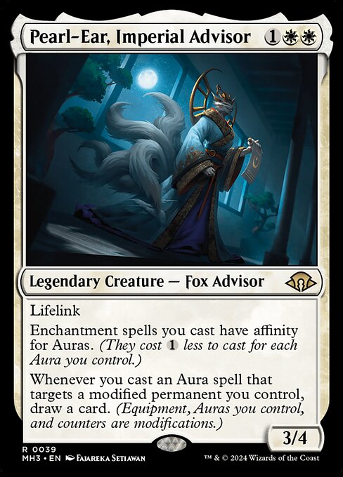 Lifelink
Enchantment spells you cast have affinity for Auras. (They cost {1} less to cast for each Aura you control.)
Whenever you cast an Aura spell that targets a modified permanent you control, draw a card. (Equipment, Auras you control, and counters are modifications.)
