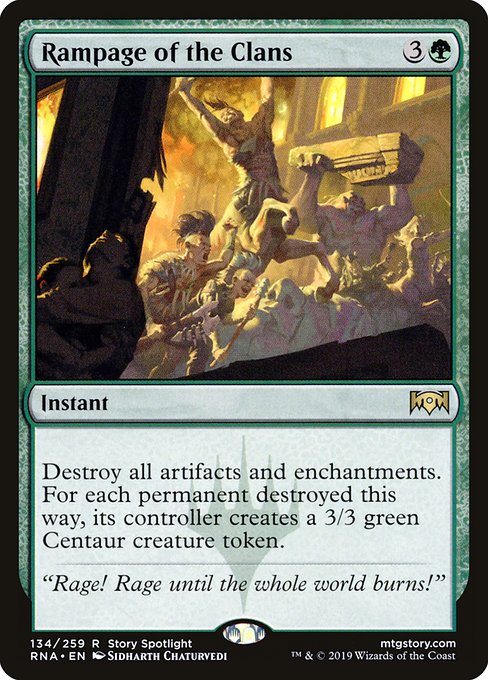 Destroy all artifacts and enchantments. For each permanent destroyed this way, its controller creates a 3/3 green Centaur creature token.