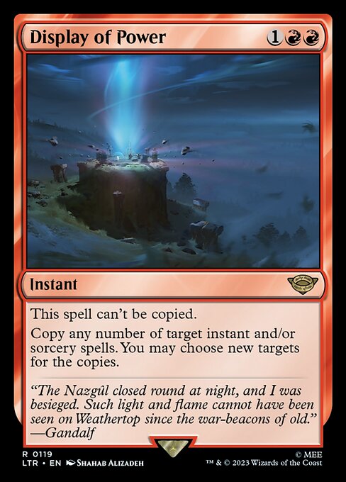 This spell can't be copied.
Copy any number of target instant and/or sorcery spells. You may choose new targets for the copies.