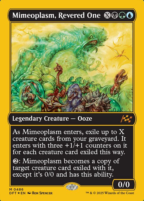 As Mimeoplasm enters, exile up to X creature cards from your graveyard. It enters with three +1/+1 counters on it for each creature card exiled this way.
{2}: Mimeoplasm becomes a copy of target creature card exiled with it, except it's 0/0 and has this ability.