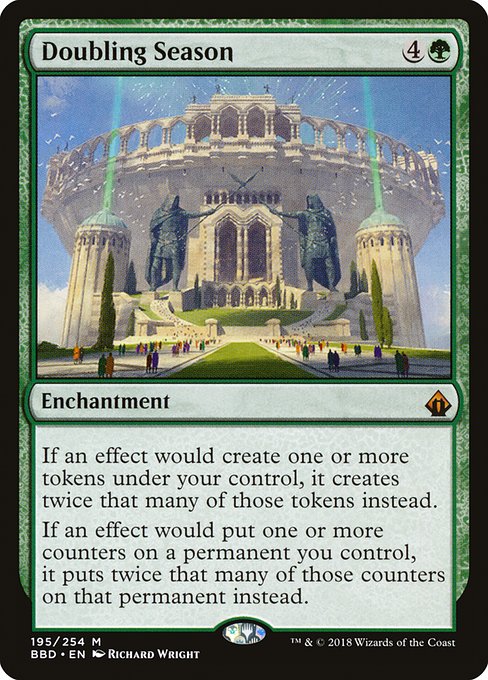 If an effect would create one or more tokens under your control, it creates twice that many of those tokens instead.
If an effect would put one or more counters on a permanent you control, it puts twice that many of those counters on that permanent instead.
