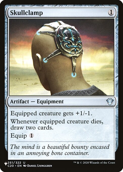 Equipped creature gets +1/-1.
Whenever equipped creature dies, draw two cards.
Equip {1}