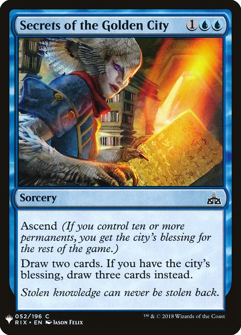 Ascend (If you control ten or more permanents, you get the city's blessing for the rest of the game.)
Draw two cards. If you have the city's blessing, draw three cards instead.