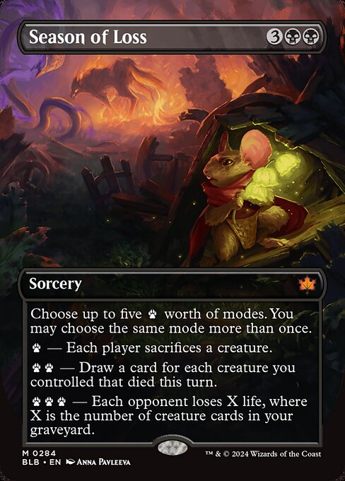 Choose up to five {P} worth of modes. You may choose the same mode more than once.
{P} — Each player sacrifices a creature.
{P}{P} — Draw a card for each creature you controlled that died this turn.
{P}{P}{P} — Each opponent loses X life, where X is the number of creature cards in your graveyard.