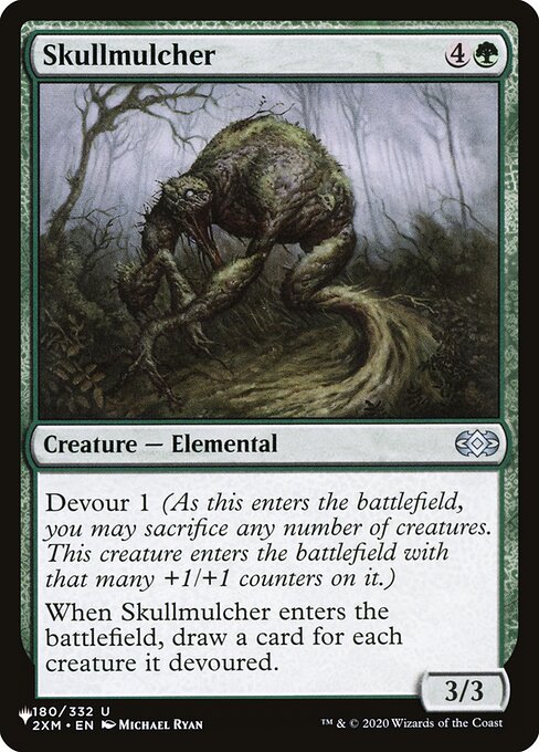 Devour 1 (As this enters, you may sacrifice any number of creatures. This creature enters with that many +1/+1 counters on it.)
When Skullmulcher enters, draw a card for each creature it devoured.