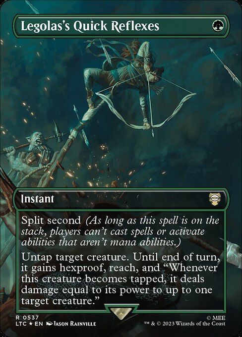 Split second (As long as this spell is on the stack, players can't cast spells or activate abilities that aren't mana abilities.)
Untap target creature. Until end of turn, it gains hexproof, reach, and "Whenever this creature becomes tapped, it deals damage equal to its power to up to one target creature."