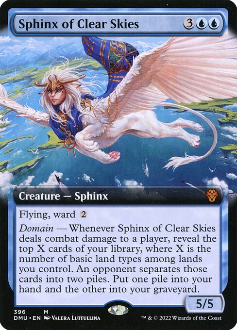 Flying, ward {2}
Domain — Whenever Sphinx of Clear Skies deals combat damage to a player, reveal the top X cards of your library, where X is the number of basic land types among lands you control. An opponent separates those cards into two piles. Put one pile into your hand and the other into your graveyard. (Piles can be empty.)