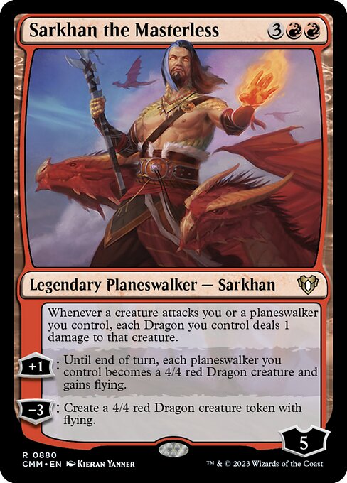 Whenever a creature attacks you or a planeswalker you control, each Dragon you control deals 1 damage to that creature.
+1: Until end of turn, each planeswalker you control becomes a 4/4 red Dragon creature and gains flying.
−3: Create a 4/4 red Dragon creature token with flying.