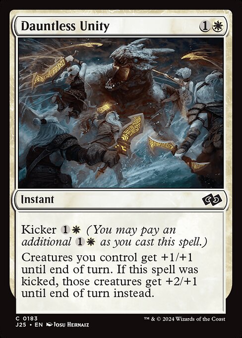 Kicker {1}{W} (You may pay an additional {1}{W} as you cast this spell.)
Creatures you control get +1/+1 until end of turn. If this spell was kicked, those creatures get +2/+1 until end of turn instead.