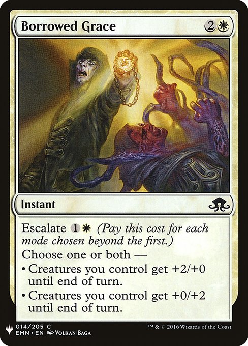 Escalate {1}{W} (Pay this cost for each mode chosen beyond the first.)
Choose one or both —
• Creatures you control get +2/+0 until end of turn.
• Creatures you control get +0/+2 until end of turn.