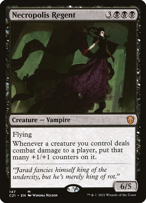 Flying
Whenever a creature you control deals combat damage to a player, put that many +1/+1 counters on it.