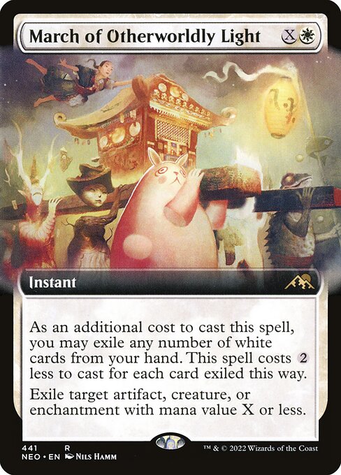 As an additional cost to cast this spell, you may exile any number of white cards from your hand. This spell costs {2} less to cast for each card exiled this way.
Exile target artifact, creature, or enchantment with mana value X or less.