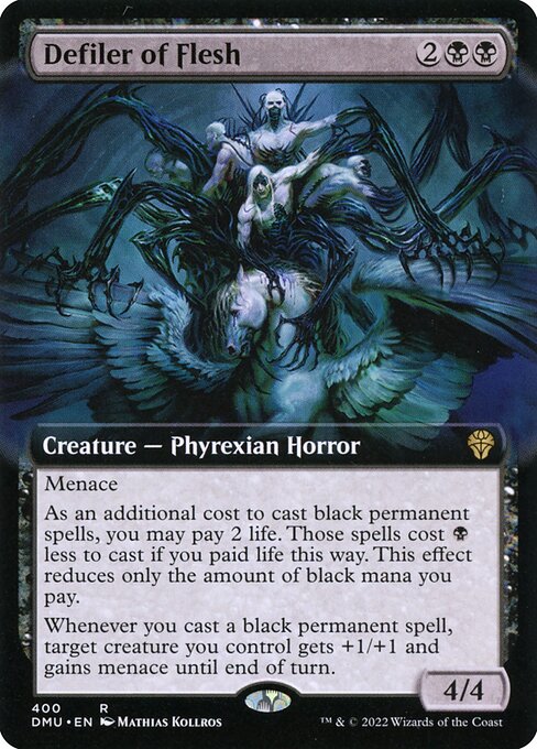 Menace
As an additional cost to cast black permanent spells, you may pay 2 life. Those spells cost {B} less to cast if you paid life this way. This effect reduces only the amount of black mana you pay.
Whenever you cast a black permanent spell, target creature you control gets +1/+1 and gains menace until end of turn.