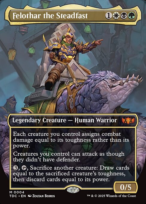 Each creature you control assigns combat damage equal to its toughness rather than its power.
Creatures you control can attack as though they didn't have defender.
{3}, {T}, Sacrifice another creature: Draw cards equal to the sacrificed creature's toughness, then discard cards equal to its power.