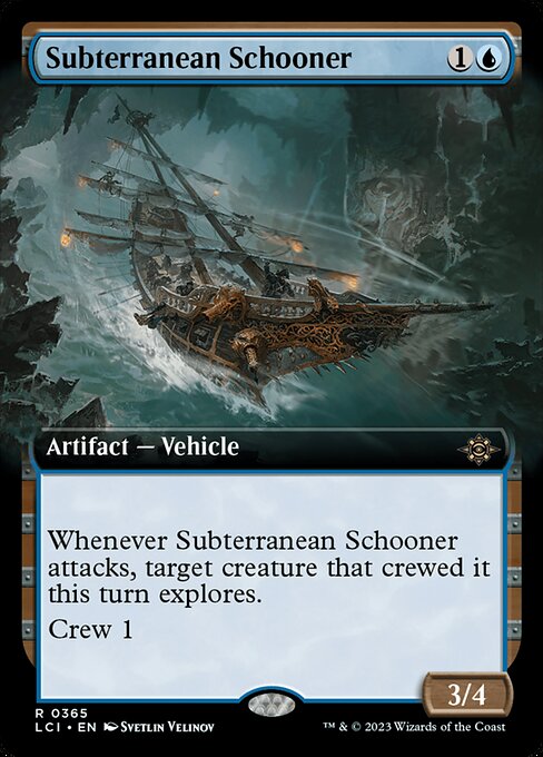Whenever Subterranean Schooner attacks, target creature that crewed it this turn explores. (Reveal the top card of your library. Put that card into your hand if it's a land. Otherwise, put a +1/+1 counter on that creature, then put the card back or put it into your graveyard.)
Crew 1